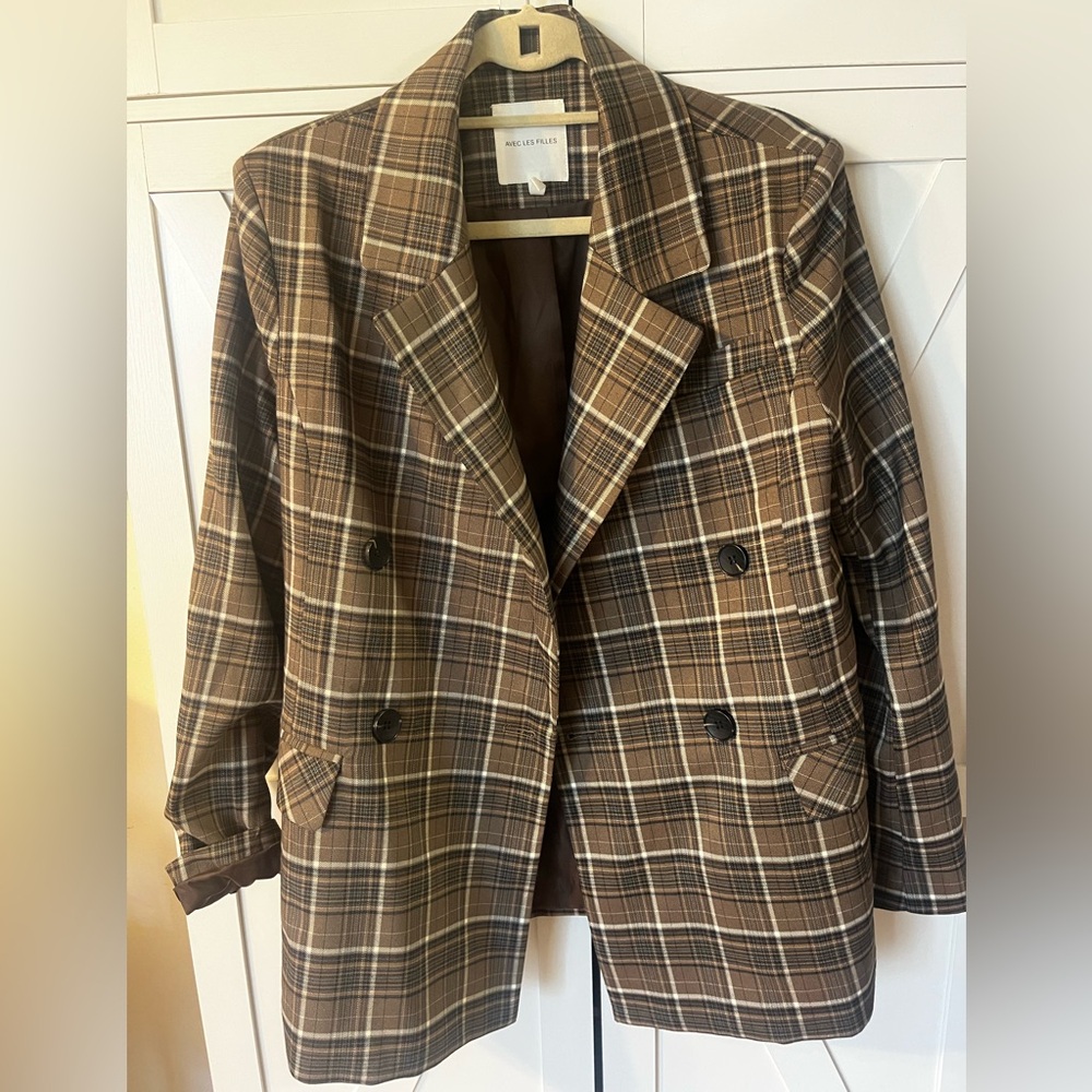 Avec Les Filles Brown Plaid Blazer Classic Design